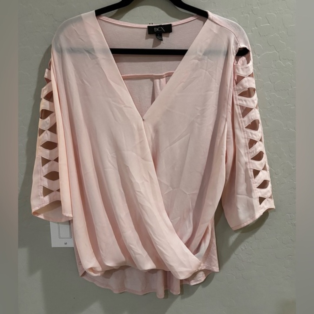 BCX Women's Juniors' Surplice V-Neck Latticed 3/4-Sleeve Top Pink Size‎ XL Sheer